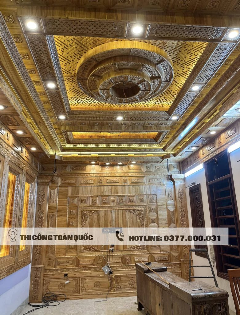 Ốp trần + vách ti vi gỗ xoan tại Hải Dương